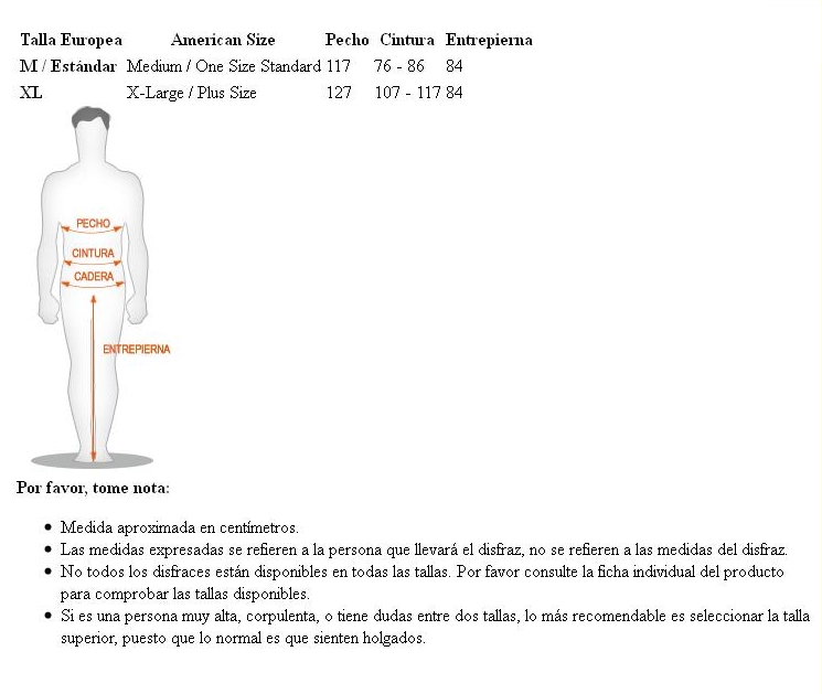 Tabela de tamanhos de Fato de cavaleiro do século XX para adulto