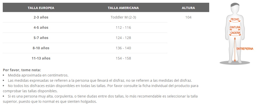 Tabela de tamanhos de Fato de homem das cavernas Pedro PicaPiedras tamanho criança