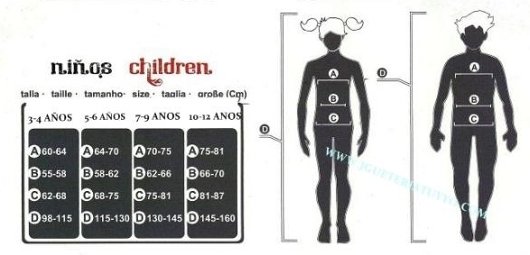 Tabela de tamanhos de Traje infantil medieval Ordem dos Cruzados.