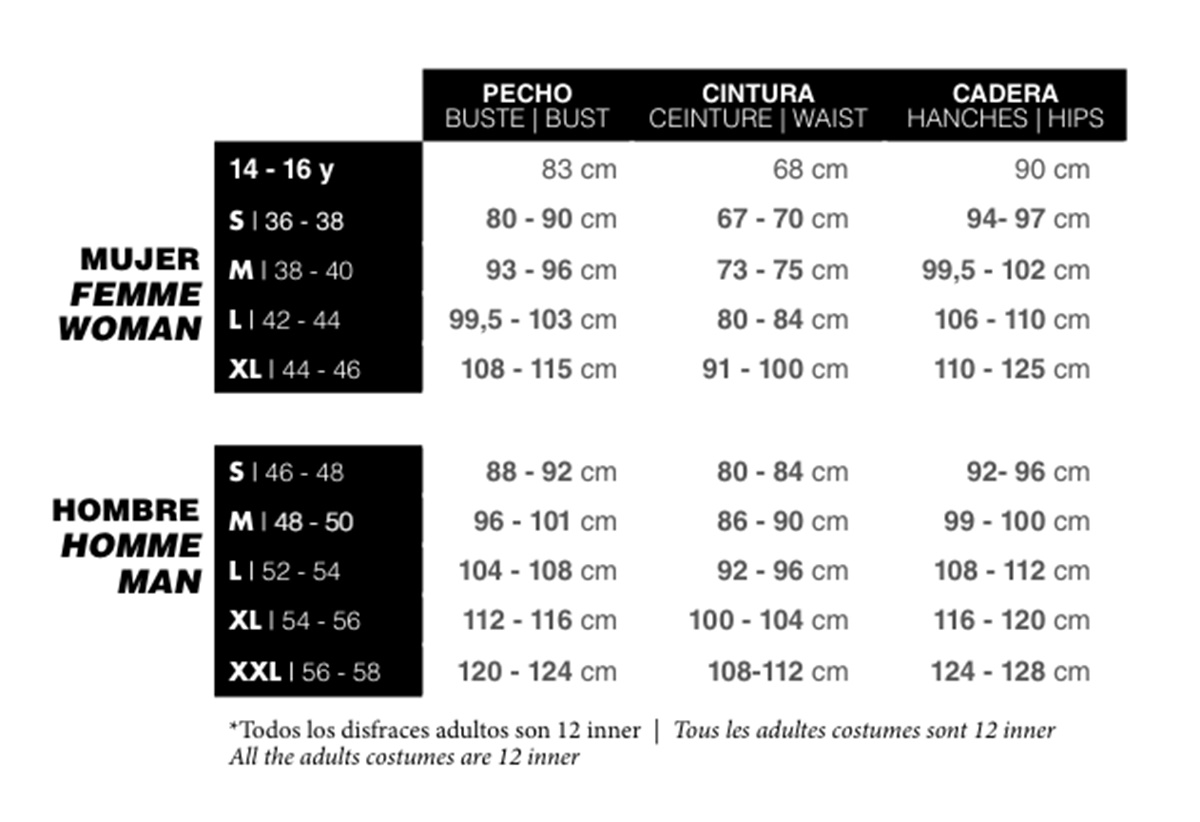 Tabela de tamanhos de Traje cubano para mulheres