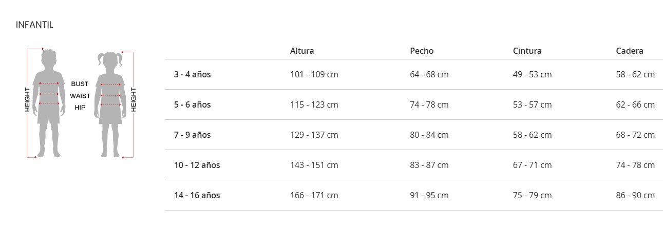 Tabela de tamanhos de Fato de Tutancâmon egípcio para criança