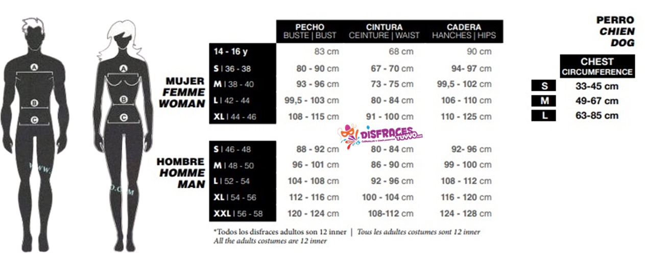 Tabela de tamanhos de Fantasia de Esqueleto da Morte