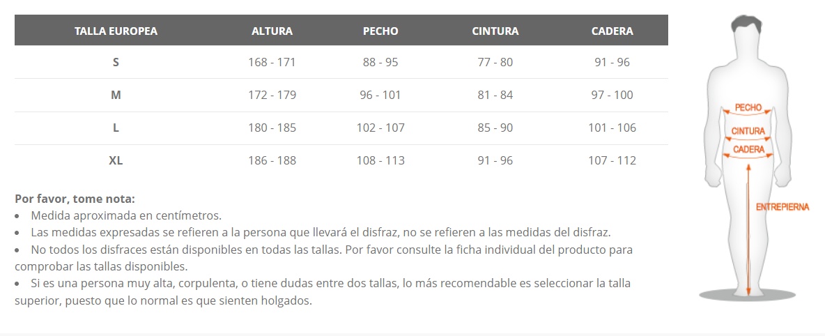Tabela de tamanhos de Fantasia de Frodo - O Senhor dos Anéis Oficial para Homens