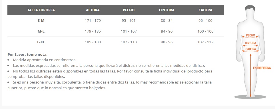 Tabela de tamanhos de Fantasia de Garfield para adultos