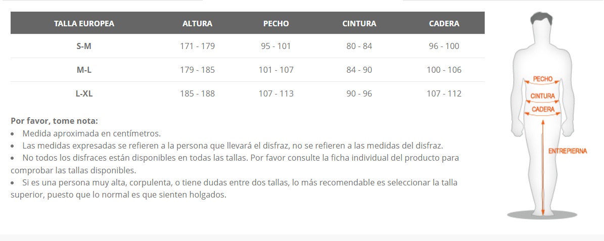 Tabela de tamanhos de Disfraz de Matrix Neo para adulto