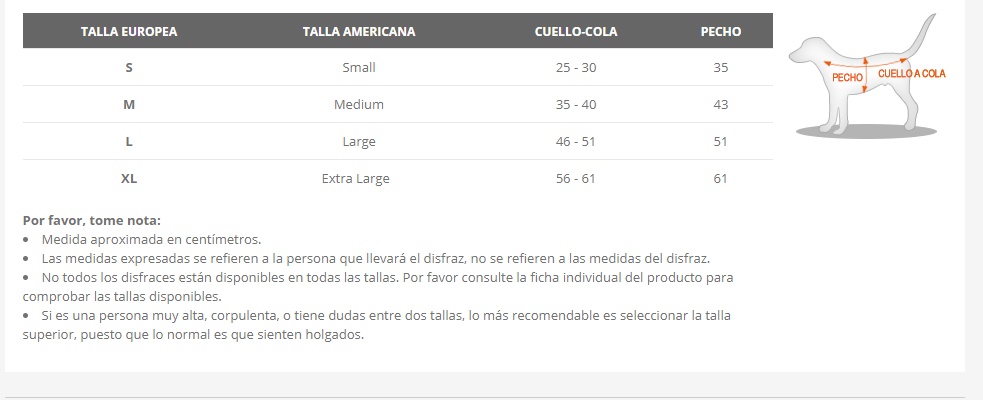 Tabela de tamanhos de Disfraz de momia para perro