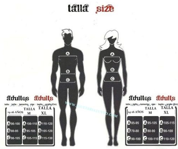 Tabela de tamanhos de Fato de pirata elegante para mulher