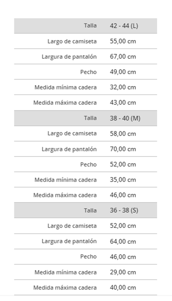 Tabela de tamanhos de Fantasia de Pirata com Saia para Mulher