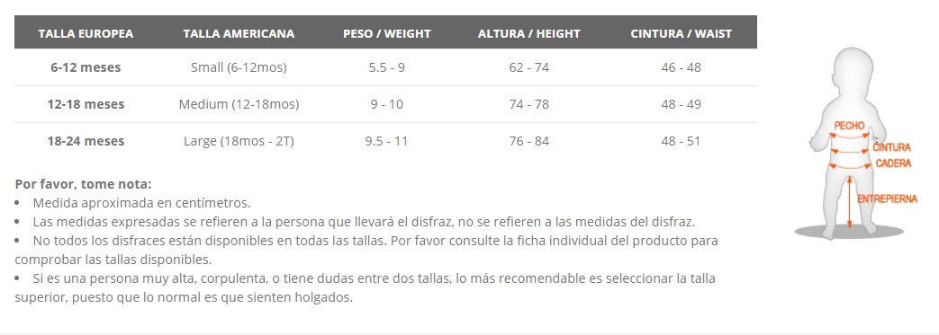 Tabela de tamanhos de Disfraz de reno para bebé niña