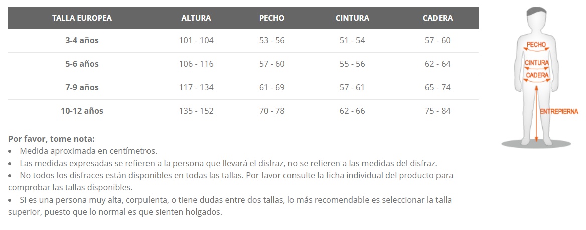 Tabela de tamanhos de Disfraz de Sonic para niños