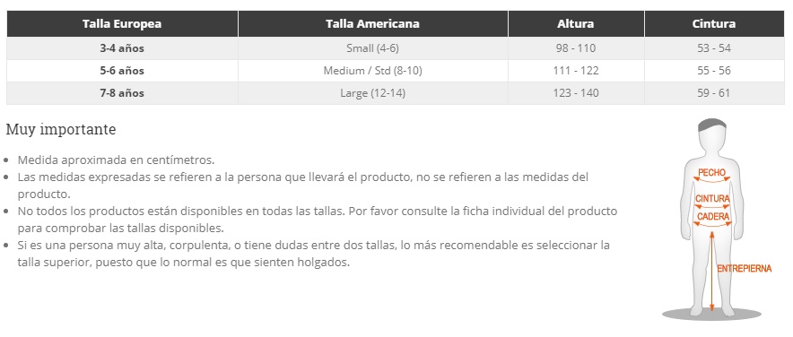 Tabela de tamanhos de Disfraz de Spiderman para niño en caja