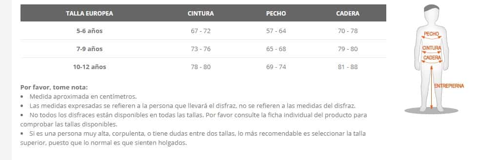 Tabela de tamanhos de Fantasia de Anão Mudo de Conto de Fadas para Meninos
