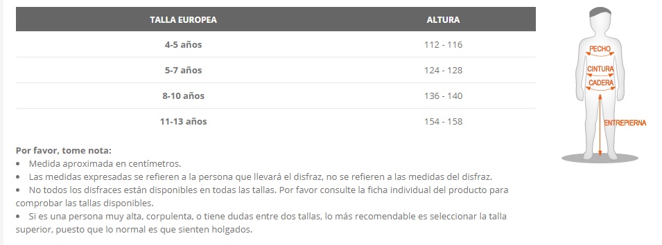 Tabela de tamanhos de Disfraz Mosquetero Azul Corte  niño