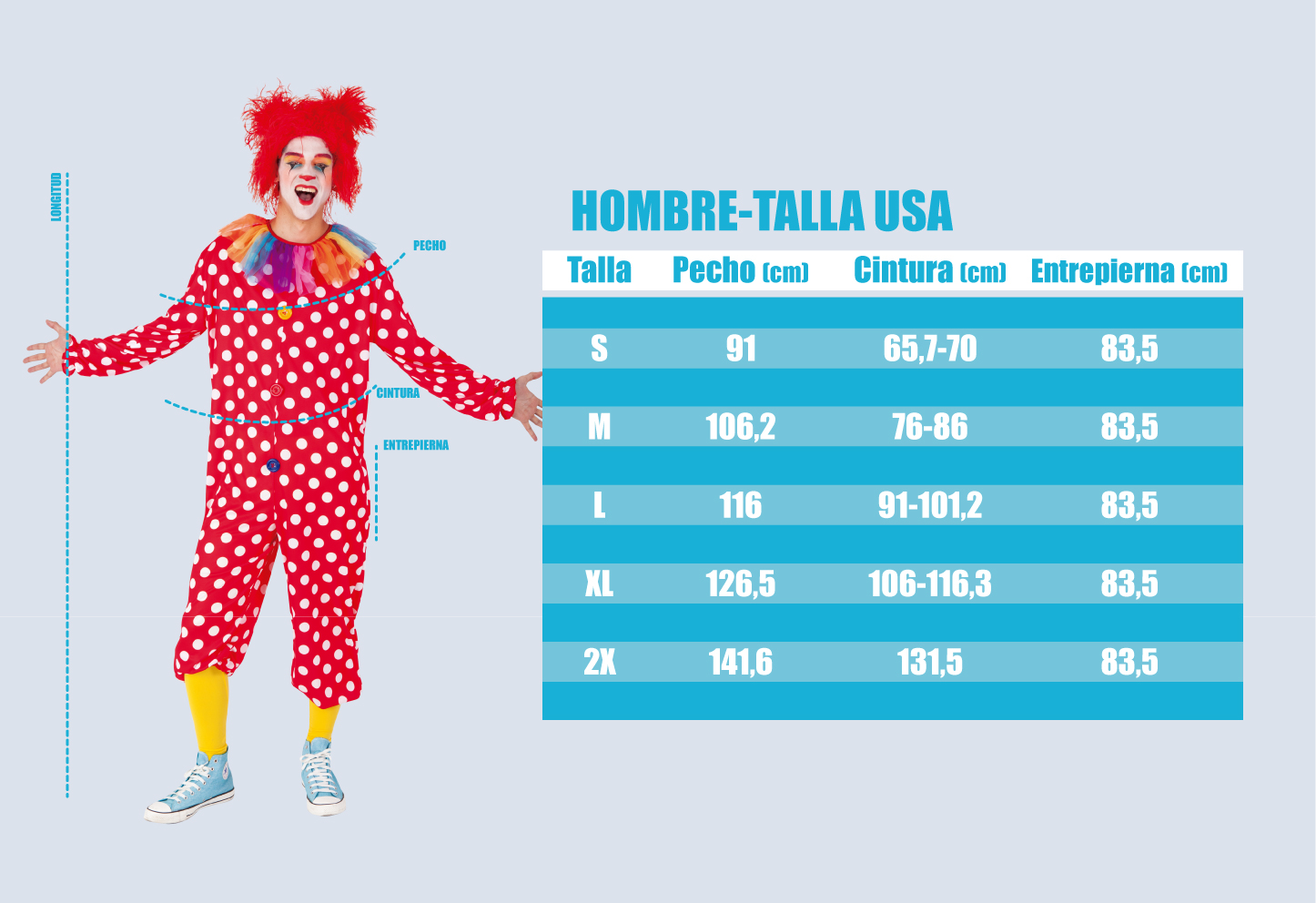 Tabela de tamanhos de Traje oficial do filme TI do palhaço Pennywise